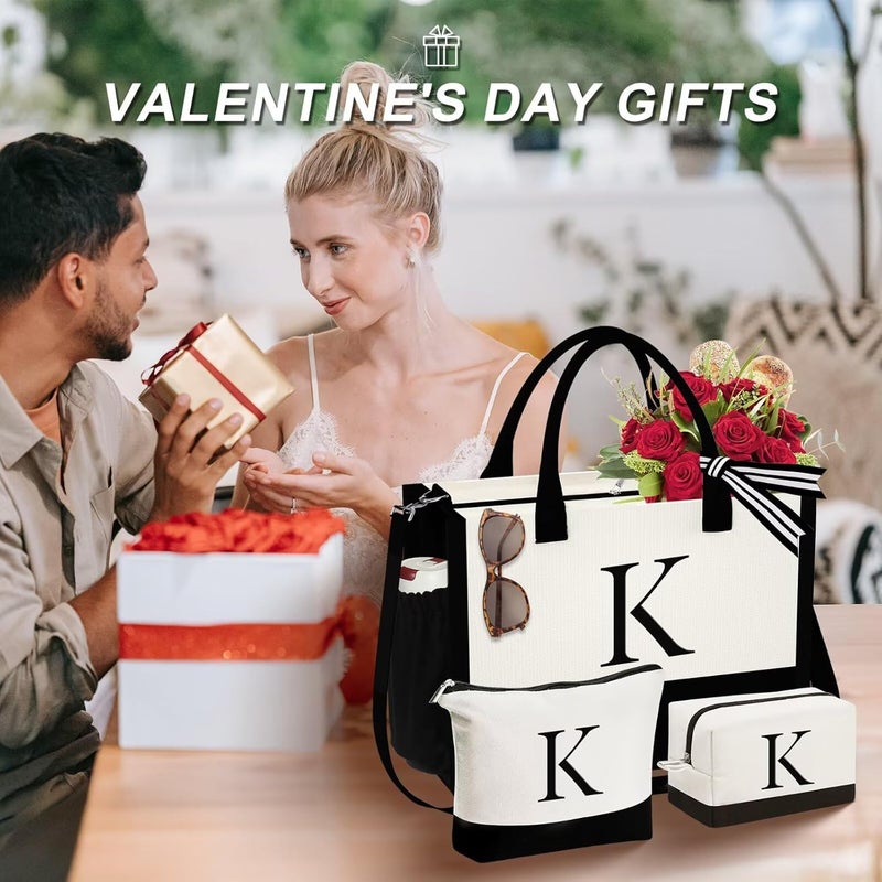 YOOLIFE Valentines Day Gifts for Women - Initial Canvas Tote Bag & Makeup Bag, Birthday Gifts for Women Mom Sister Friends - Image 2